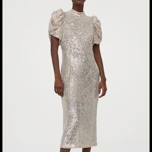 Silver Sequin Midi Dress w/ Puff Sleeves